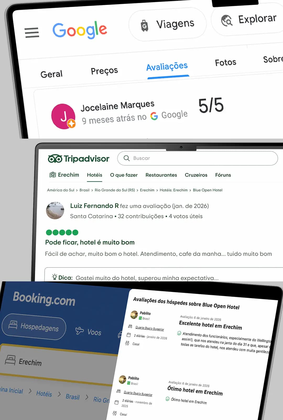 Mockup de depoimentos do Blue Open Hotel